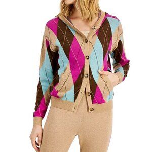 Charter Club Hooded Argyle Cardigan Sweater Tan Turquoise Pink Brown Size L